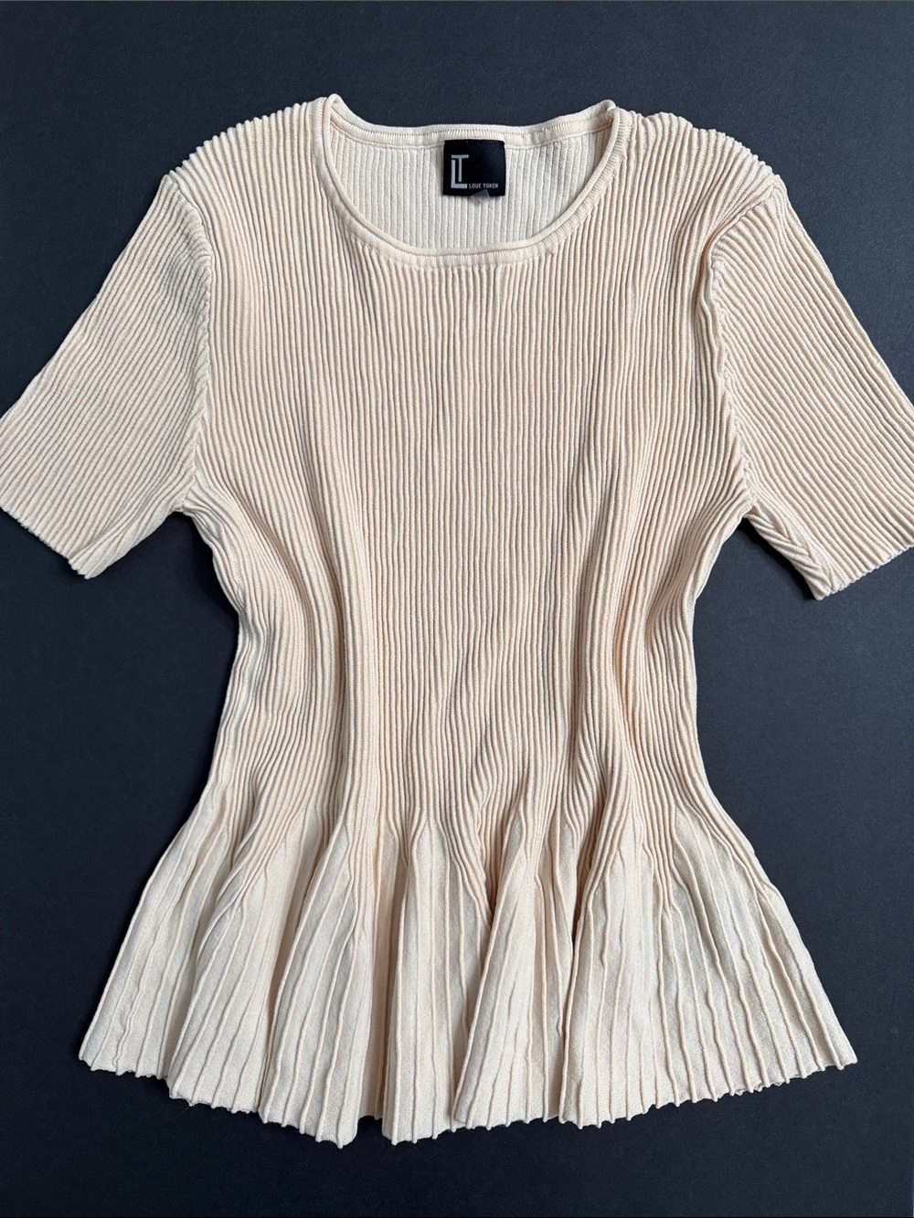 Love Token Cream Ribbed Short-Sleeve Peplum Top